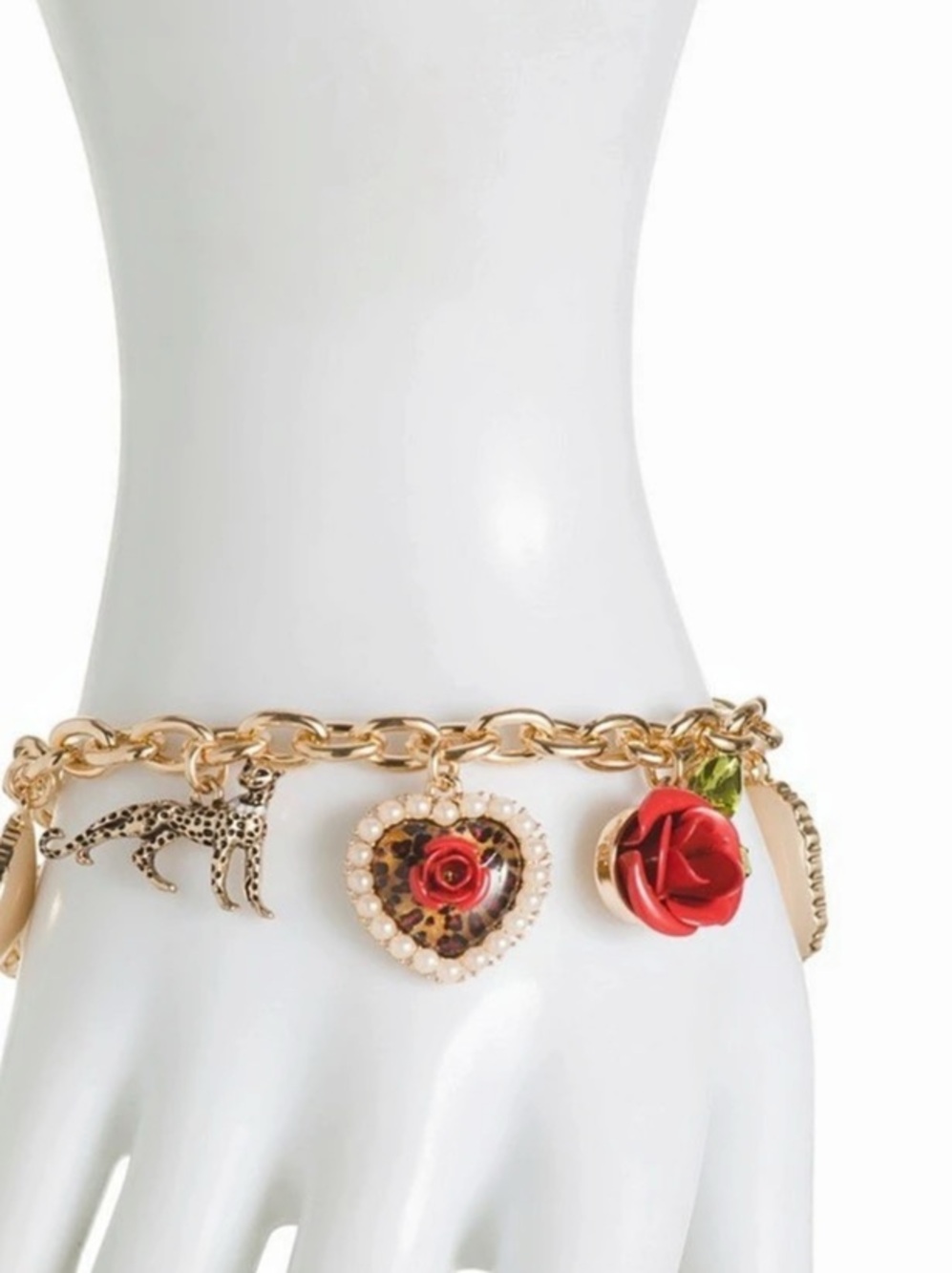 Betsey Johnson Leopard Rose Charm Bracelet Charm Bracelet in Gold & Red Like New